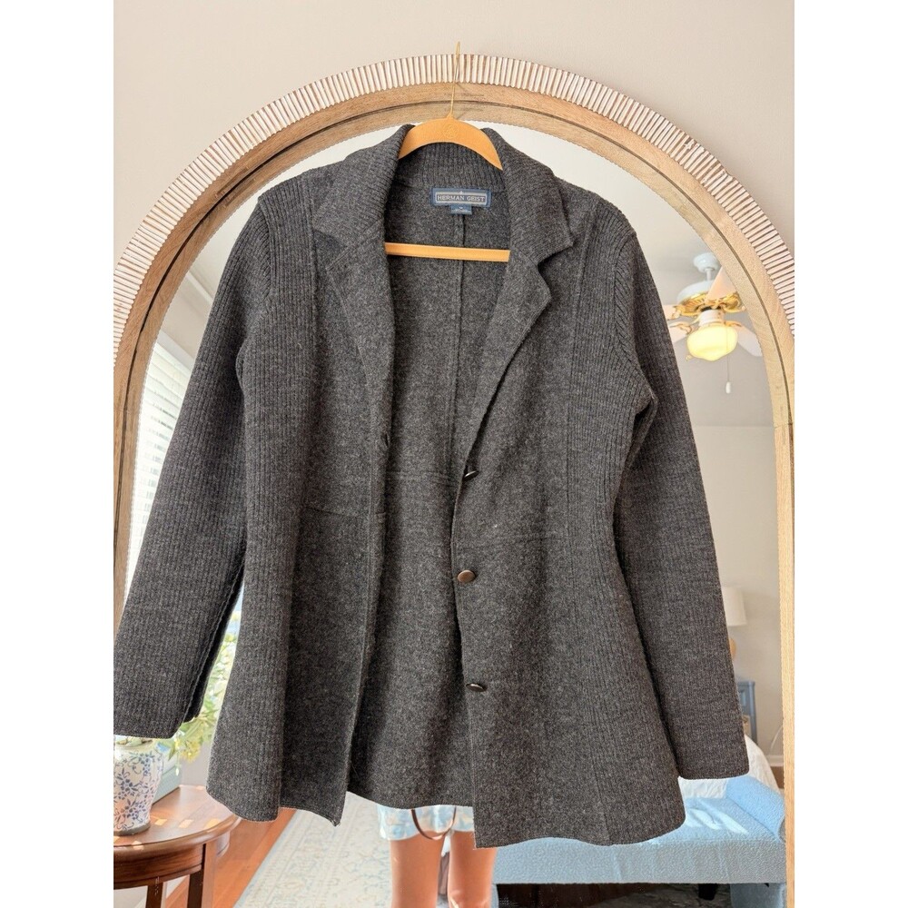 Herman Geist Women’s M 100% Wool Gray Sweater Jacket Knit Blazer Vintage Preppy - Picture 5 of 7